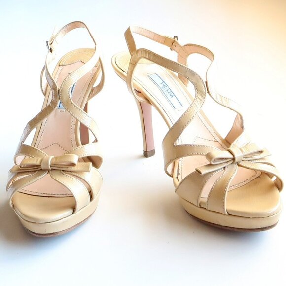 Prada Pale Yellow Patent Leather Strappy Platform Heels Sandals w Bow Size 7.5 - Picture 11 of 16